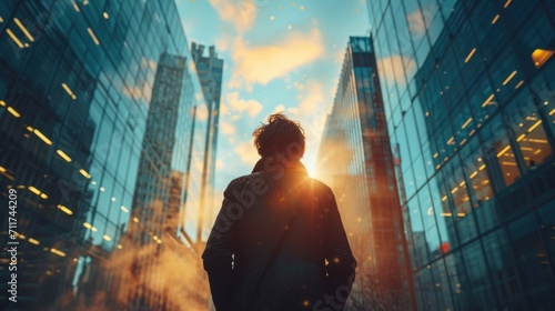 Confidence and Ambition Concept, Wide Shot of a Person Standing Tall in a Cityscape, Determined Expression, Ready to Conquer Challenges, Urban Energy Surrounding Them.