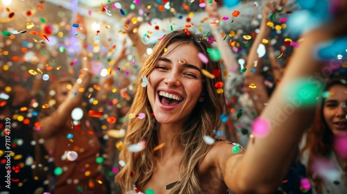 Young woman celebrating with confetti at a party mew years happy 