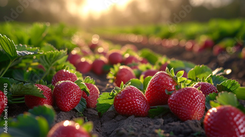 A picturesque scene of a strawberry field bathed in soft sunlight, with rows of strawberry plants stretching into the distance, creating a visually captivating landscape of agricul