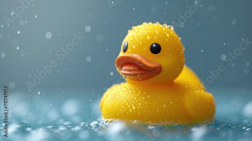  a close up of a rubber ducky in a pool of water with drops of water on the water around it.