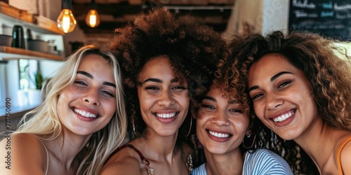 Group of Joyful Young Women Taking a Selfie in a Cafe