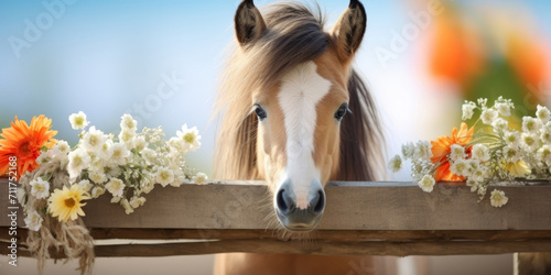 A cute pony or small horse looks out behind a wooden fence with flowers. Pet products advertising banner mockup. Spring theme.