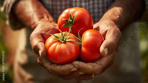 farmer hands holding organic fresh tomatoes