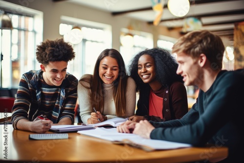 A diverse group of young individuals gathered around a table, actively participating in discussions and social interactions, group of students talking and writing at school, AI Generated