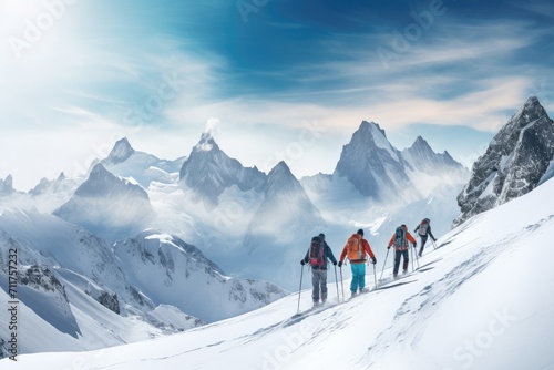 A group of people enjoying skiing together as they descend down a snow-covered slope, Group of young skiers in the Alps mountains, AI Generated