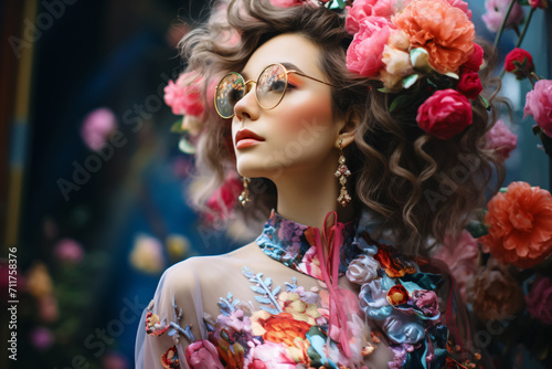 modern japanese woman with glasses and flowers
