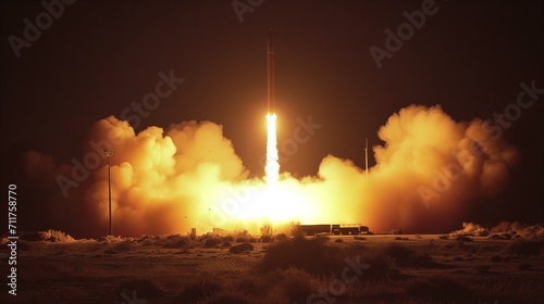 Dramatic rocket launch at night with fiery exhaust and smoke