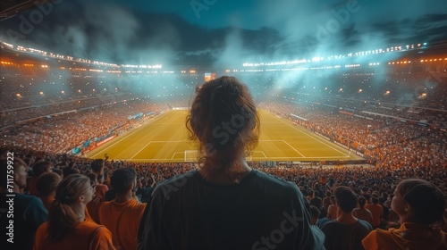 Spectator enjoying atmosphere at stadium during nighttime football match