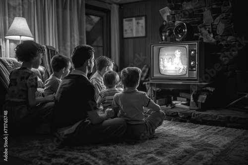 Journey to the Past: A Heartwarming 1970s and 1960s Holiday TV Special, Where a Family Gathers Around the black and white Television