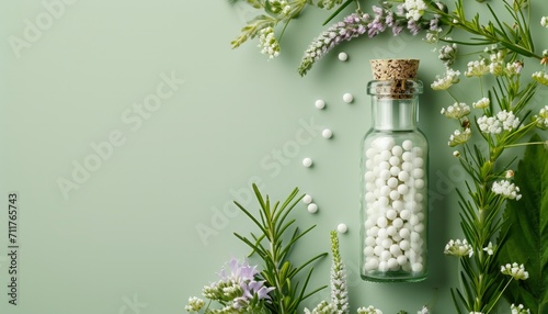 banner showing homeopathic beads in a glass bottle on a light green background, copy space, background, herb, flower
