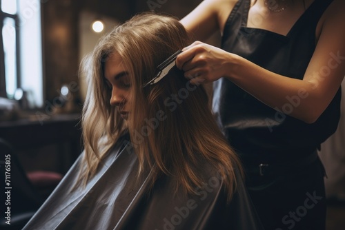 A skilled woman stylist expertly cuts another womans hair in a professional salon, Hairdresser cutting the hair of a young woman in a beauty salon, AI Generated