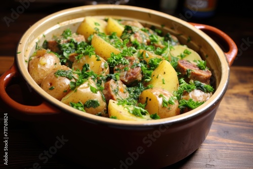 A mouthwatering dish of tender meat and flavorful potatoes cooked to perfection, serving up a delicious homemade meal, Irish Coddle with sausage potatoes and parsley, AI Generated