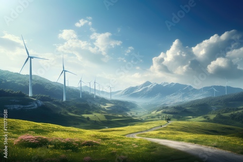 A scenic view of a green field with wind turbines in the background, harnessing renewable energy, landscape with renewable and sustainable energy with wind turbines on mountain, AI Generated