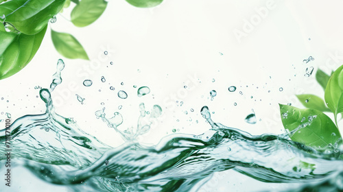 Green flying leaves in water isolated on white background with place foe text. Fresh tea, air purifier, organic, vegan, eco or beauty product concept design