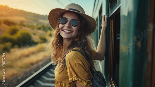 Follow split shot of woman walk to and hang out of train carriage window. Cinematic and inspiring travel blogger live motivational adventure. Happy young woman on train vacation 