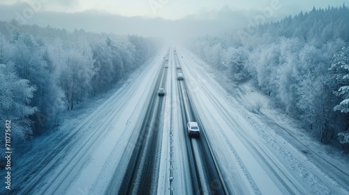 Icy Infrastructure, Long Shot of a Snow-Covered Highway with Abandoned Vehicles, Overhead Perspective, Capturing the Scale of Winter's Disruption
