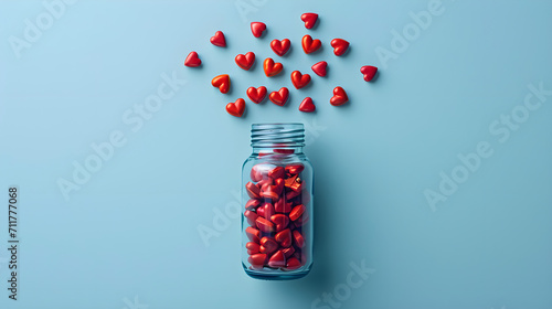 Red heart shaped pills in plastic bottle on the blue background. Concept of love and Valentine's Day 