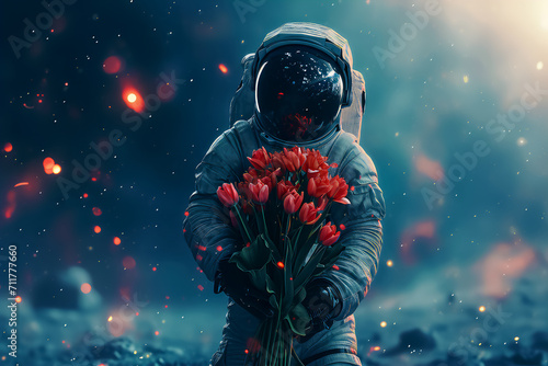 Astronaut in a Spacesuit with a Festive Bouquet of Flowers in his Hands in Space. Illustration Concept for Celebrating Cosmonautics Day. Space Exploration, Satellite Launch, Flight to the Moon.