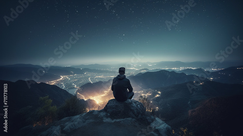 Man sitting on a cliff at night, looking at the glowing lights of a big city in the valley. Person meditating on the mountain in solitude and observing busy life of a modern metropolis.