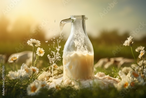 A bottle of milk sits among a lush field of daisies, offering a picturesque scene of natures simplicity, Glass milk bottle filling with fresh organic milk, AI Generated