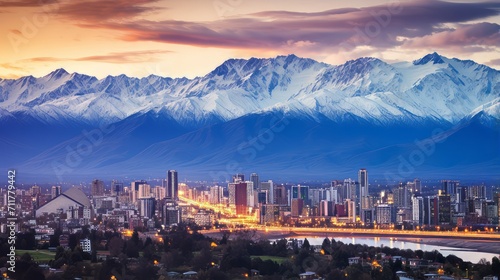 A city's skyline with a backdrop of mountains