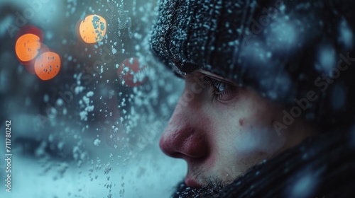 Close-Up, Man's Face Buffeted by Blowing Snow, Icicles Forming on Beard, Extreme cold in the city