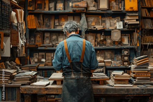 Bookbinder antiquarian bookseller restoring old books in his workshop