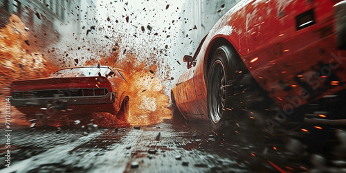 exciting cinematic scene with cars crashing on the streets and glass and dirt flying everywhere