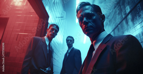 three men in business suits in a dramatic pose with cinematic lighting