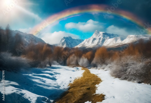 Incontro di Elementi- Panorama Montano Incantevole con uno Sfolgorante Arcobaleno nel Cielo Azzurro