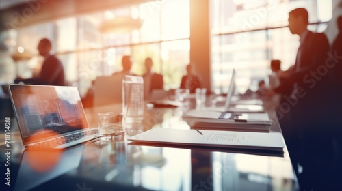 Corporate collaboration: business professionals in a vibrant meeting, blurred office background in blue and orange hues. Abstract business concept