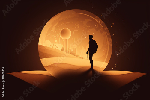 States of mind, running time concept. Human silhouette and hourglass in desert background with copy space abstract and surreal minimalist illustration