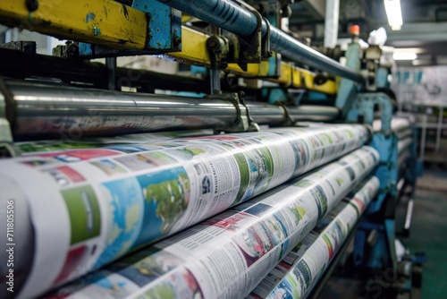 Machine printing colored newspaper at factory