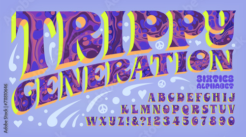 Trippy Generation, a retro 1960s hippie art alphabet design with a colorful palette and paper marbling effects.