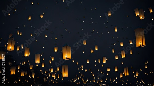 Floating paper lanterns in the night sky. paper lanterns floating in a night sky. Dark sky filled floating lanterns night.