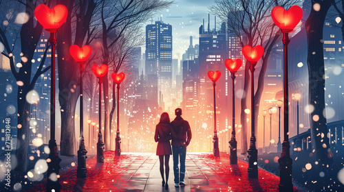 A silhouetted couple in love walking on city street with red hearts. Valentine's day concept