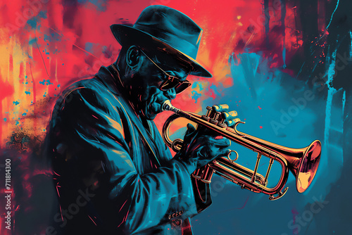 Afro-American male trumpeter musician playing a brass trumpet in an abstract vintage distressed style music painting for a poster or flyer, stock illustration image