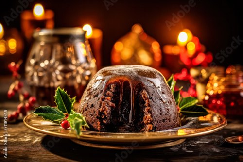 Embrace the festive spirit with Christmas pudding served impeccably on a wooden table. A delightful and traditional treat capturing the essence of the season.