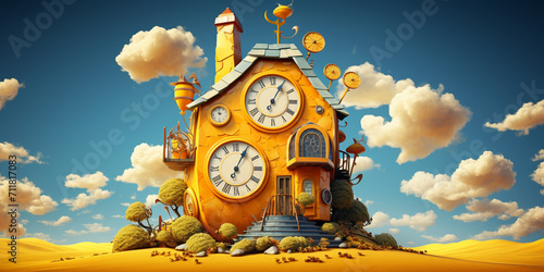 Vector illustration of a clock on the background of the city with clouds Time concept with clocks and colorful abstract background. 3D illustration.
