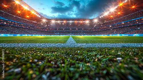 Football stadium at night with fans and cheering crowd. 3D rendering