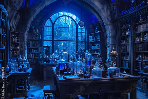 A mystical laboratory where a wizard conducts experiments and brews potions surrounded by books, scrolls, candles, and a cauldron.
