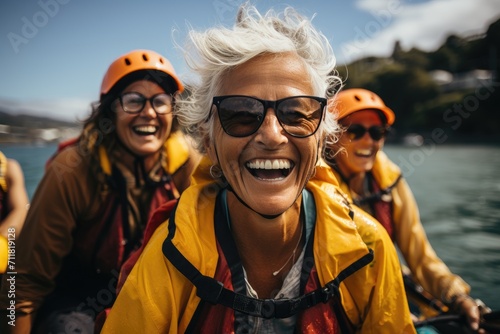 A joyful group of fashionable individuals, equipped with orange helmets and life jackets, stand confidently against a backdrop of clear blue sky and sparkling lake, their beaming smiles framed by sty