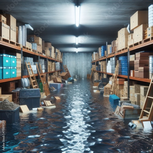 The basement for storing various things is flooded with water.