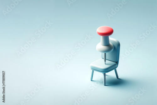 A large consignor button stuck into a chair. 3D image. Space for text.