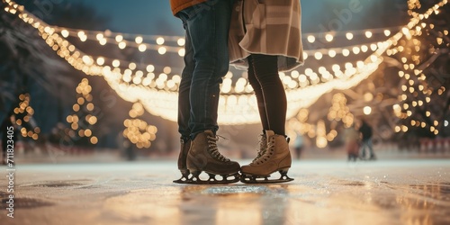 A couple in love on ice skating at the ice rink on a winter evening. Valentine's Day Concept