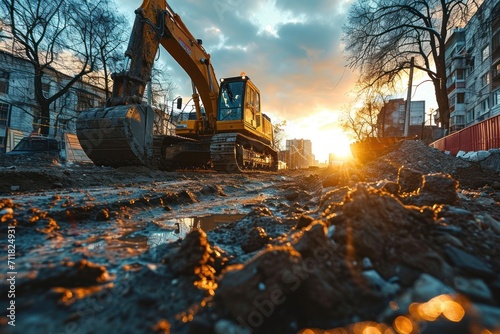 At a sunny construction site, an industrial excavator drives to fulfill tasks for a new real estate project