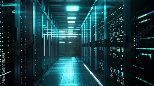 modern data technology center with rows of server racks in a dark room, illuminated by LED lights The scene showcases the power and complexity of data storage