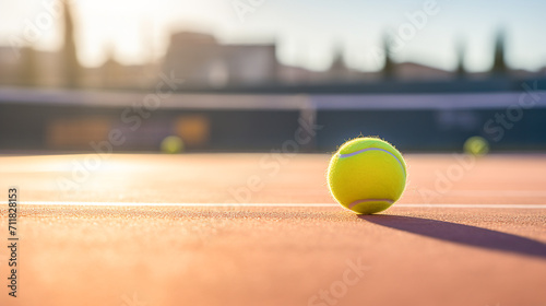 Yellow tennis ball lying on the tennis court in the sunlight flare. Victory achievement concept