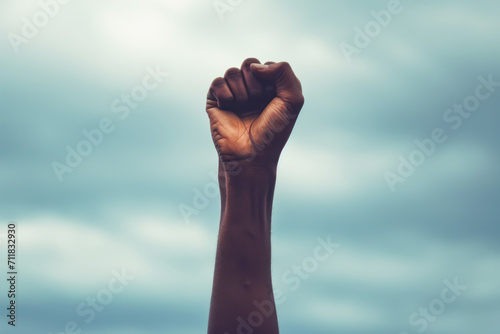 raised hand symbol for history black month against sky background, showcase solidarity and freedom