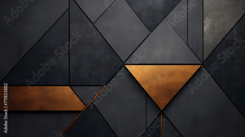 Closeup of golden grey geometric polygons of triangles and rectangles stones, modern architectural mosaic design in layers, 3d effect, background texture, business web